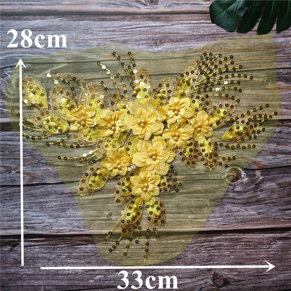 Желтые блестки кисточки 3D Цветочные Розы бусины кружевная ткань вышитая