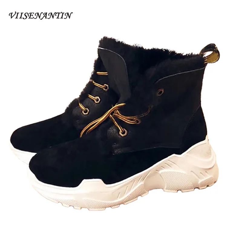 

Warm Daily Low-top Round Toe Thick-soled Increased Casual Snow Boots Winter Genuine Leather Solid Color Furry Wool Cotton Boots