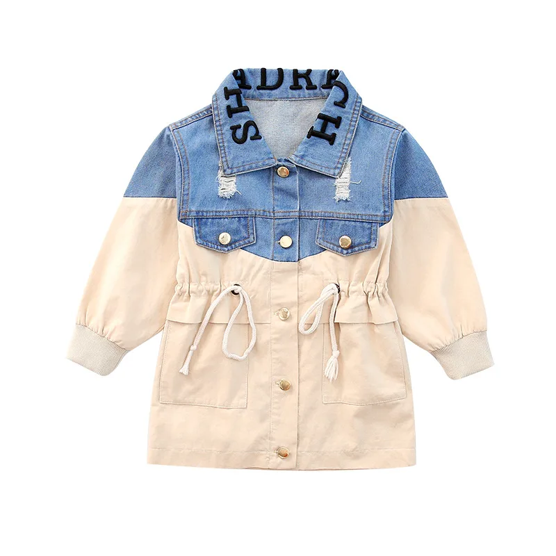 

Children's Clothing Girls Stitching Denim Jacket 2020 Spring and Autumn New Small Fresh Letters Trench Coat Lapel Jacket 4-12Y