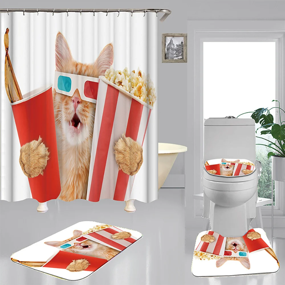 

Водонепроницаемая душевая занавеска с забавным котом, набор из 4 предметов, чехол на ковер, чехол для унитаза, коврик для ванной, подкладка с ...