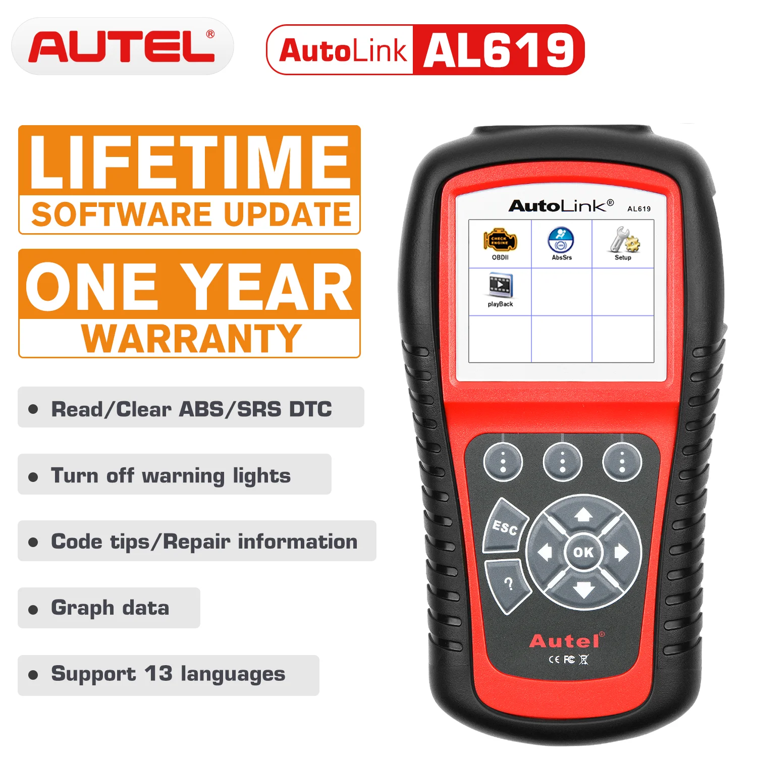Autel Autolink AL619 OBD2 автомобильный сканер диагностический инструмент ABS/SRS считыватель