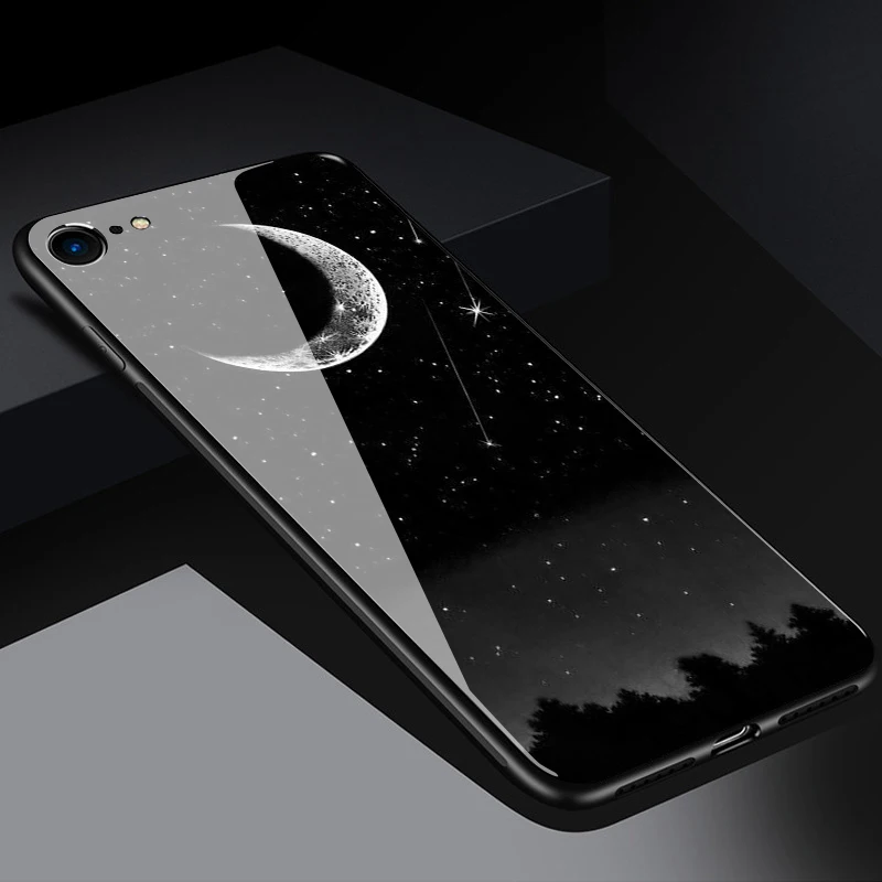 Тонкое закаленное стекло+ мягкая силиконовая рамка задняя крышка для iphone XM XS XR X 8 7 6 6S Plus чехол с изображением Луны и звездным принтом чехол для телефона s - Цвет: type 9