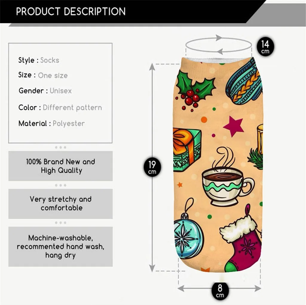 

Casual Short Breathable Socks 3d Christmas Santa Elk Printing Medium Sports Sock Hot Sale Fashion Cotton Funny Creative Meias