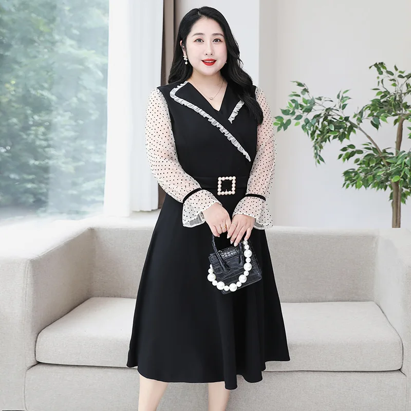 

Женское платье в горошек, с длинным рукавом и высокой талией, размеры от 4XL до 8XL