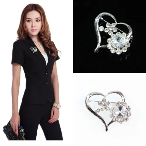 Heart Wedding Party Bouquet Broach Pin Diamante Clear Crystal Rhinestone Brooch |