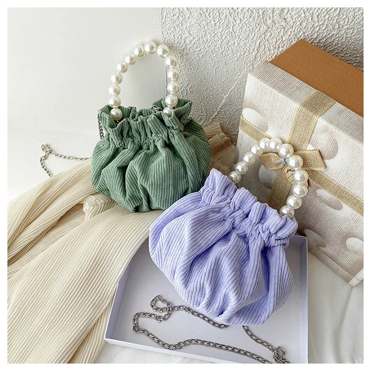 Женская Вельветовая сумка с цепочками и жемчужными ручками осень 2020 | Багаж сумки