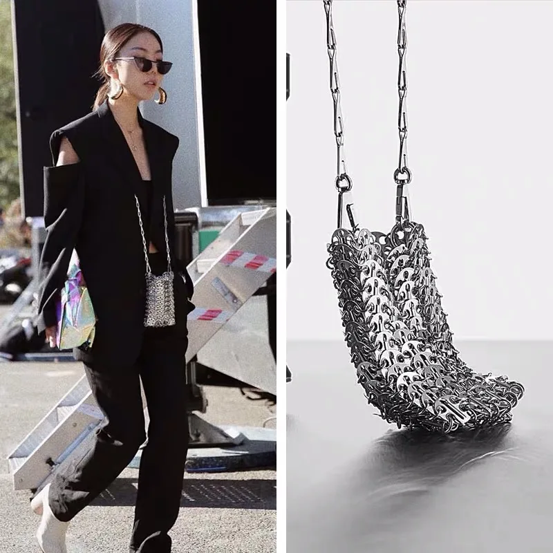 Luxury Designer Women Bags Pure Metal Sequins Chain Woven Bag Hollow Evening Clutch Female Travel Holiday Shoulder | Багаж и сумки