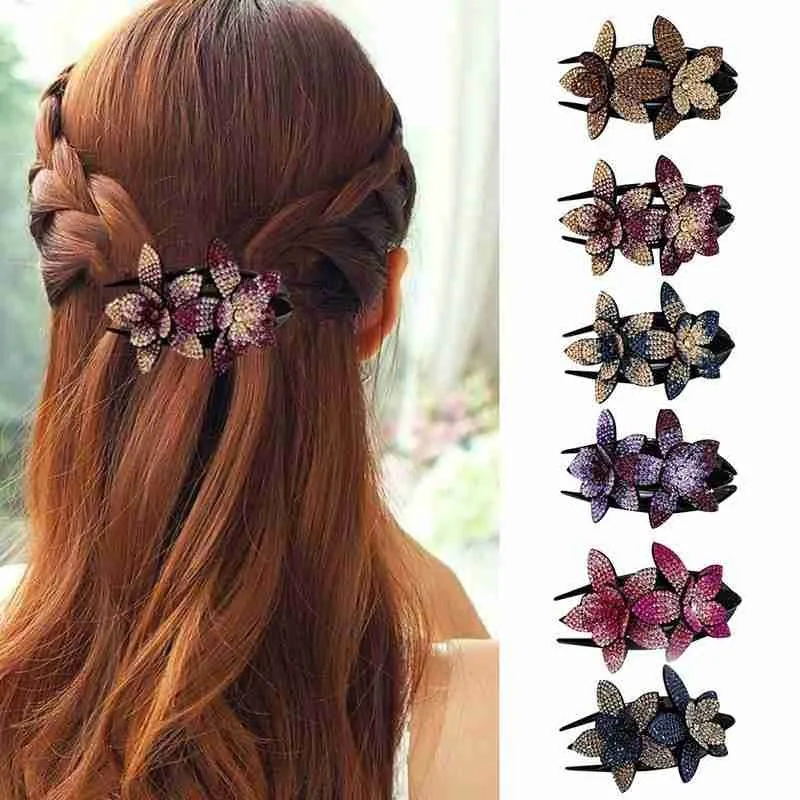 

Rhinestone Double Flower Hair Clip Hair Crystal Hair Combs Female Elegant Beads Hairgrip Handmade Fashion Hair Accessories Tools