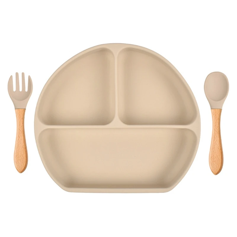 

Baby Food Grade Silicone Feeding Plate with Matching Wooden Handle Spoon Fork Set Toddlers Kids Divided Non-Slip Bowl 23GD