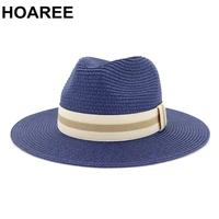 hoaree navy men womens summer hat british style straw hat ladies jazz fedora vintage sombrero travel beach panama hat