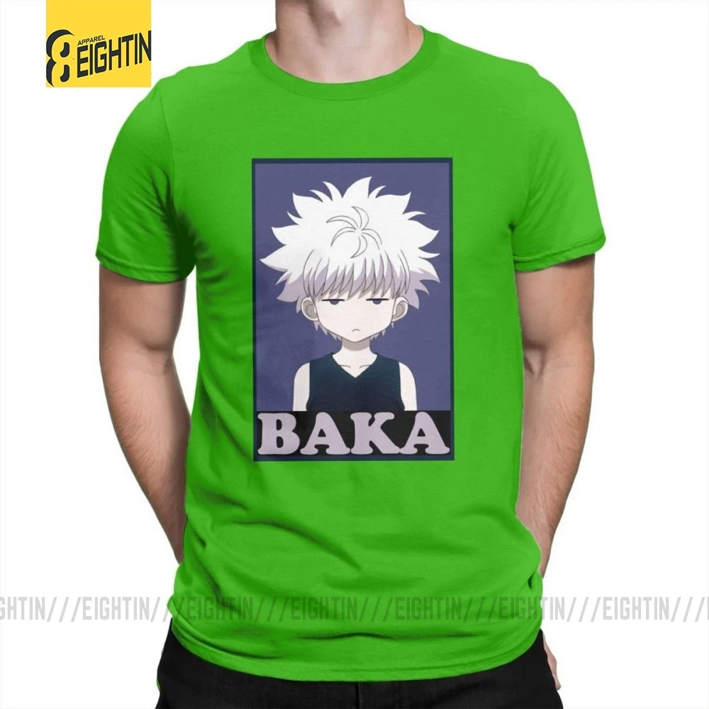 Охотник х Хантер футболки Killua Zoldyck Baka классический комикс о-образный вырез с коротким рукавом классический крой Чистый хлопок футболки мягкие мужские футболки - Цвет: Зеленый