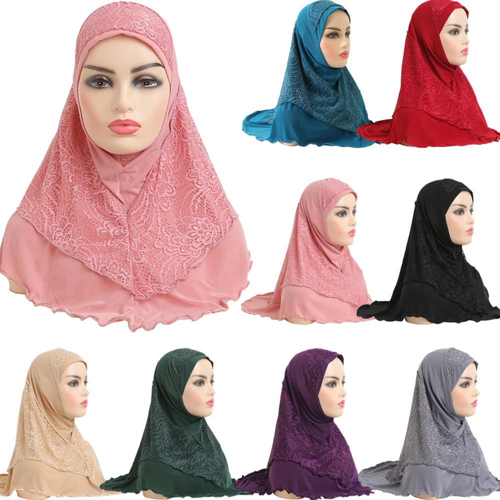 

One Piece Amira Hijab Women Muslim Lace Pull On Ready To Wear Instant Scarf Islamic Prayer Hijabs Arab Headscarf Wrap Turban Eid