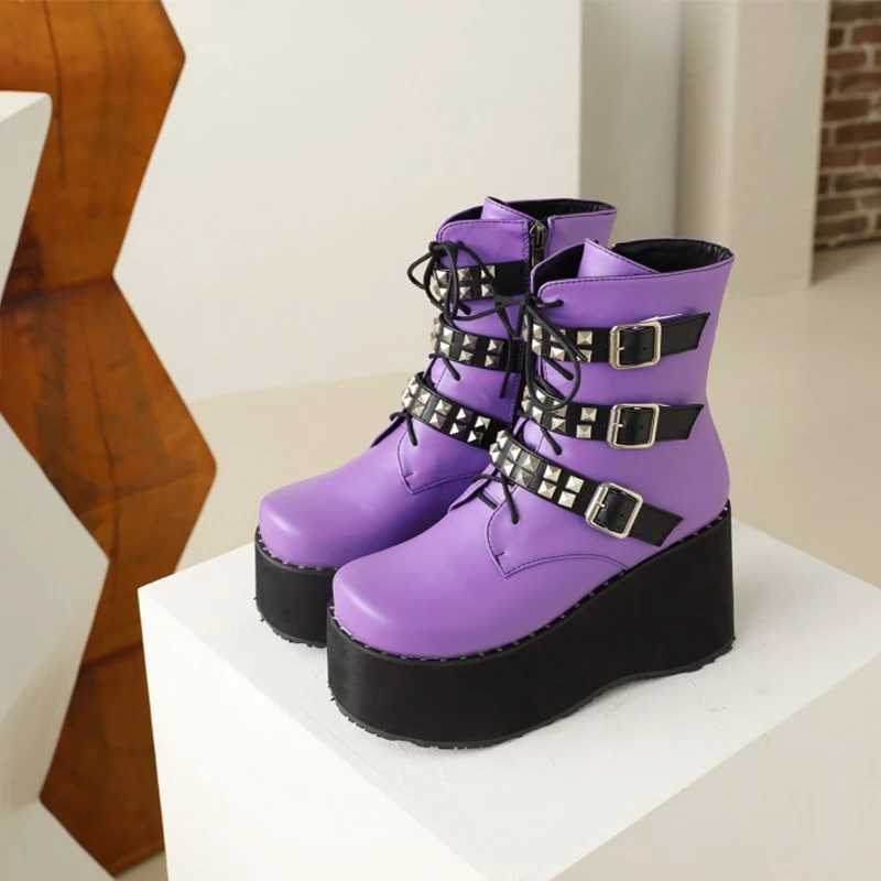 Women Boots Slip On  Rivet Designer  Ankle Boots Thick Heel Platform Heightened Purple Round Toe Fashion Martin Boots 2021
