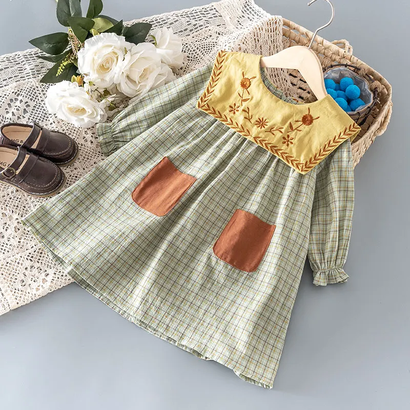 

Spring girl baby clothes kids plaid embroidery straight dress for toddler girls baby cloth 1 year birthday dresses outfit dress