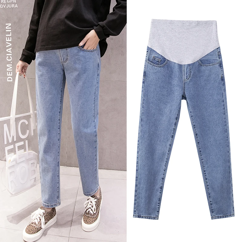 

8809# Spring Autumn Denim Cotton Maternity Jeans Elastic Waist Belly Harem Pants for Pregnant Women Loose Pregnancy Trousers