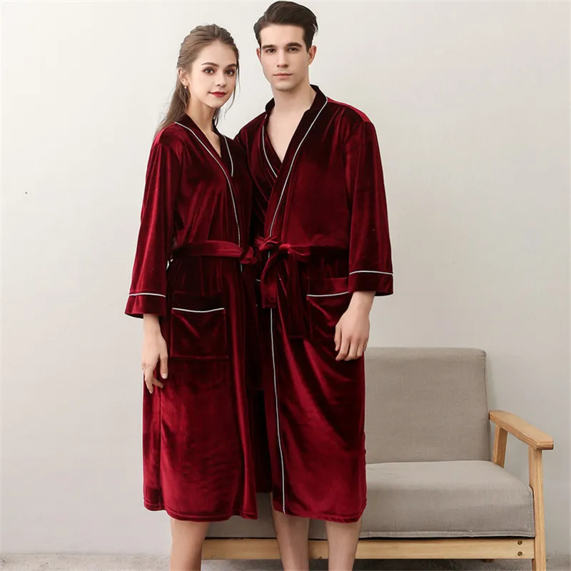 

Women Nightgown Summer Sexy Bathrobe Mid-length Home Wear Spring And Autumn Gold Velvet Bathrobe Couple Pajamas