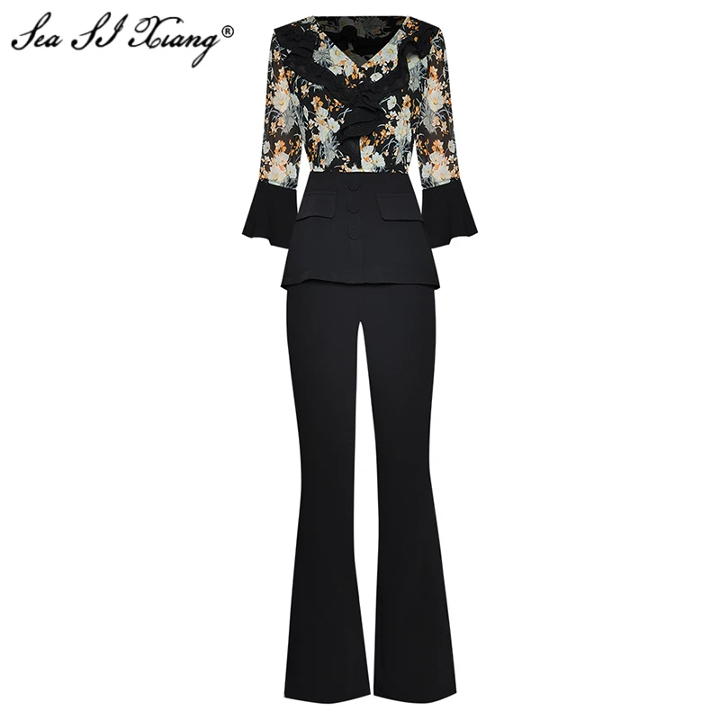 

Seasixiang Fashion Designer Summer Suit Women's V-Neck Ruffles Flare Sleeve Floral print Tops + Flare Pants Two-Piece Set