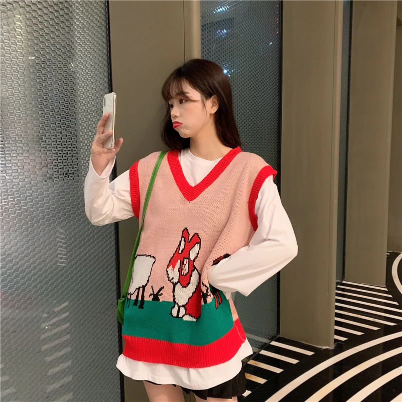Women's Sweaters Japanese Cute Kawaii Ulzzang Sweet V-neck Sleeveless Sweater Female Korean Harajuku Vintage Clothing For Women | Женская