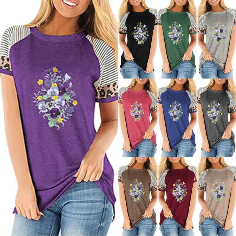 

Women's Fashion Top Casual Pullover Short Raglan Sleeve T-Shirt Flower Printed t Shirt Women Tops