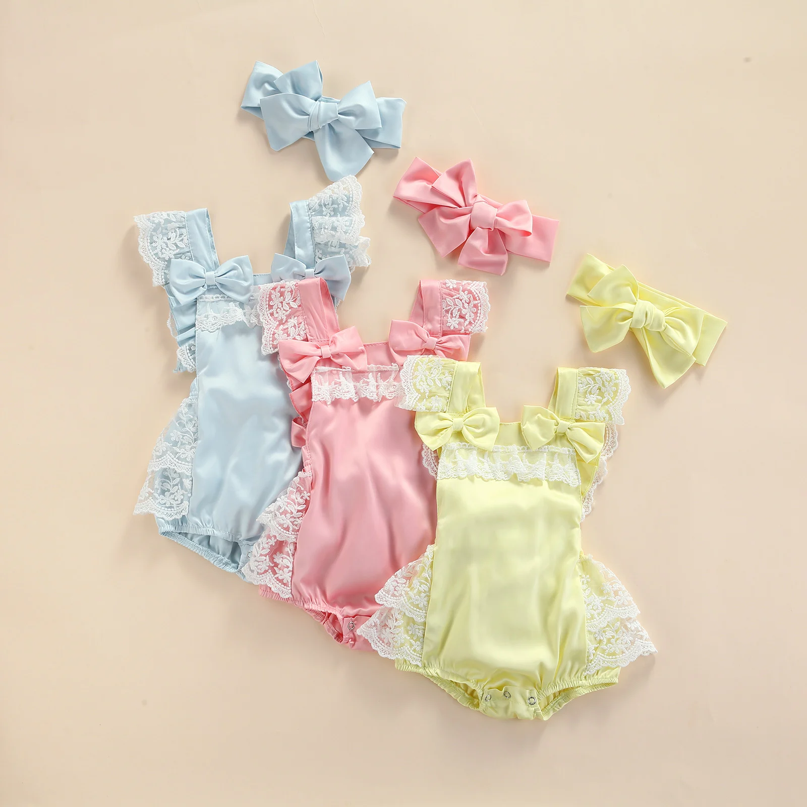 

2021-05-04 Lioraitiin 0-18M 2Pcs Baby Girls Summer Sleeveless Lace Bowknot Ruffles Hem Romper+Headwear Outfit Clothes