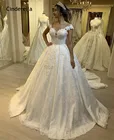 Роскошное кружевное бальное платье Золушки с V-образным вырезом, аппликацией и кристаллами, украшенными бусинами, на пуговицах сзади, свадебное платье принцессы