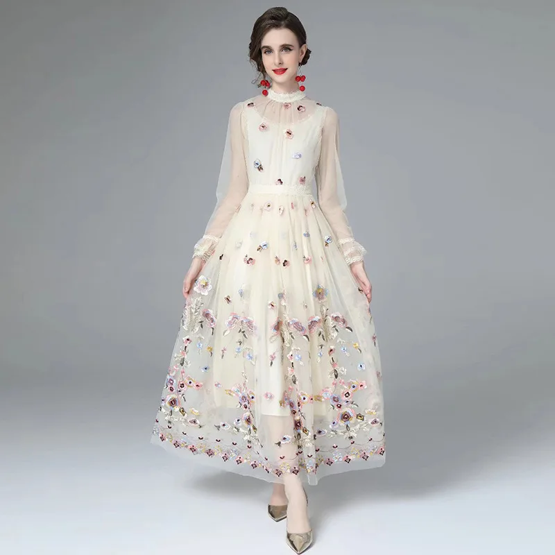 

Женское длинное платье с воротником-стойкой, винтажное Сетчатое платье во французском стиле с длинным рукавом и цветочной вышивкой, весна