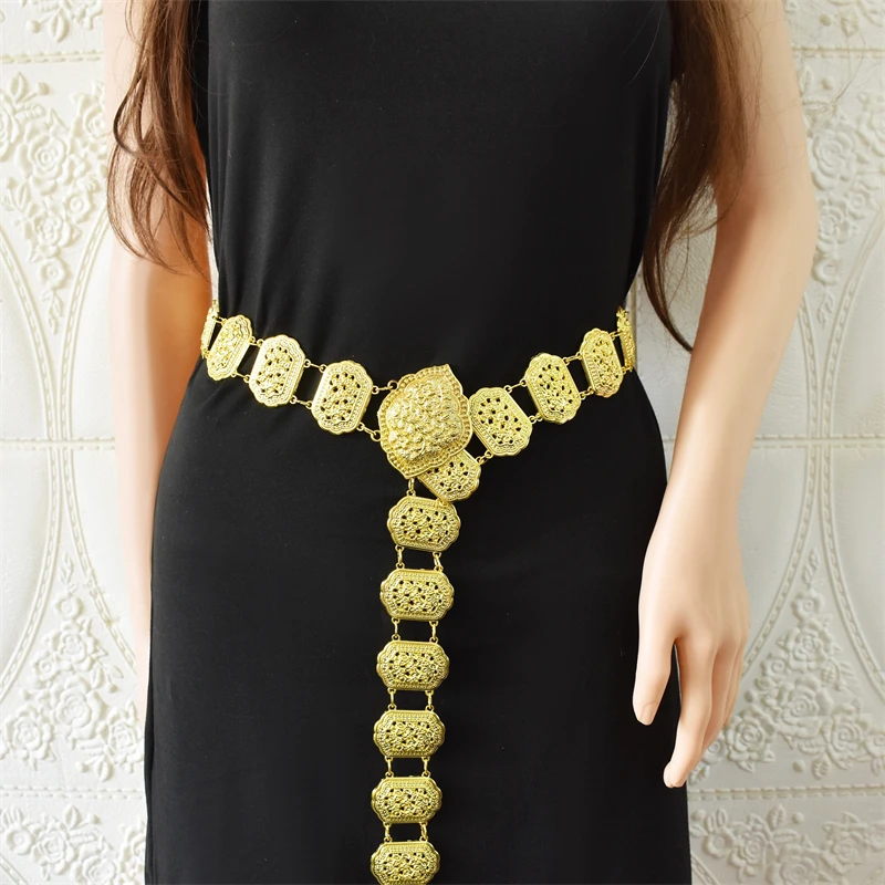 

1pcs Retro Moroccan Caftan Belt For Women Ethnic Wedding Jewelry Metal Hollow Flower Link Chain Adjustable Length Metal Jewerly