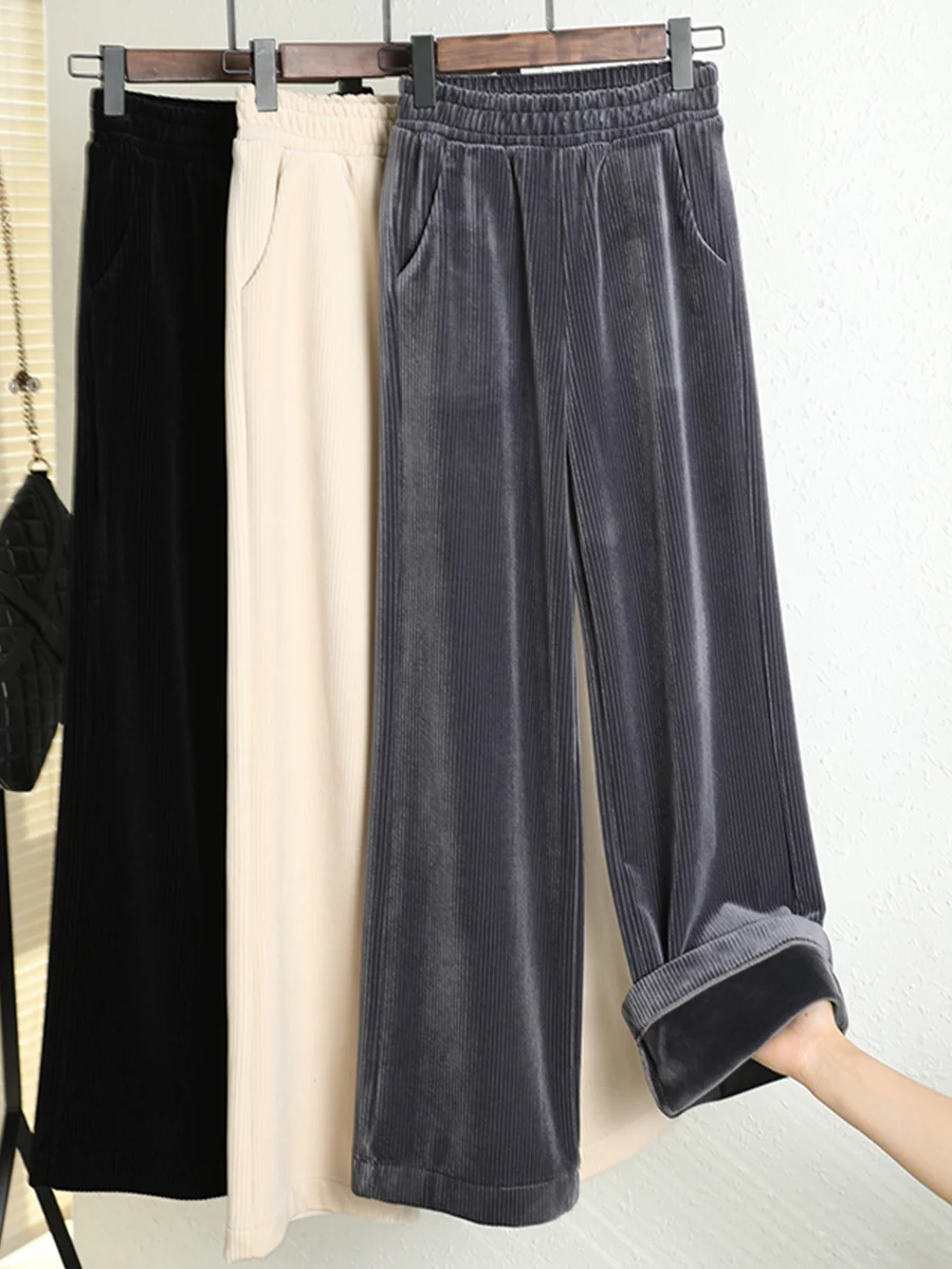 

Korean Style Corduroy Wide Leg Pants Women Loose Straight Leg Pants Large Size Office elegant Elastic High Waist Trousers