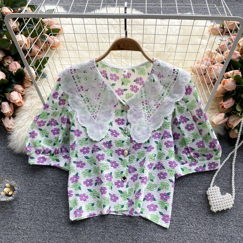 

Summer New Fashion Temperament Age-reducing Blouse Female Doll Collar Puff Sleeve Blusa Sweet Printing Wild Slim Shirt KK123