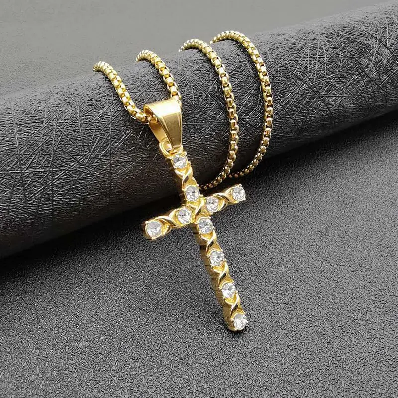 

Hip Hop Iced Out Cross Pendant Necklaces Male Gold Color Stainless Steel Necklace For Men Women Christian Jewelry Dropshipping