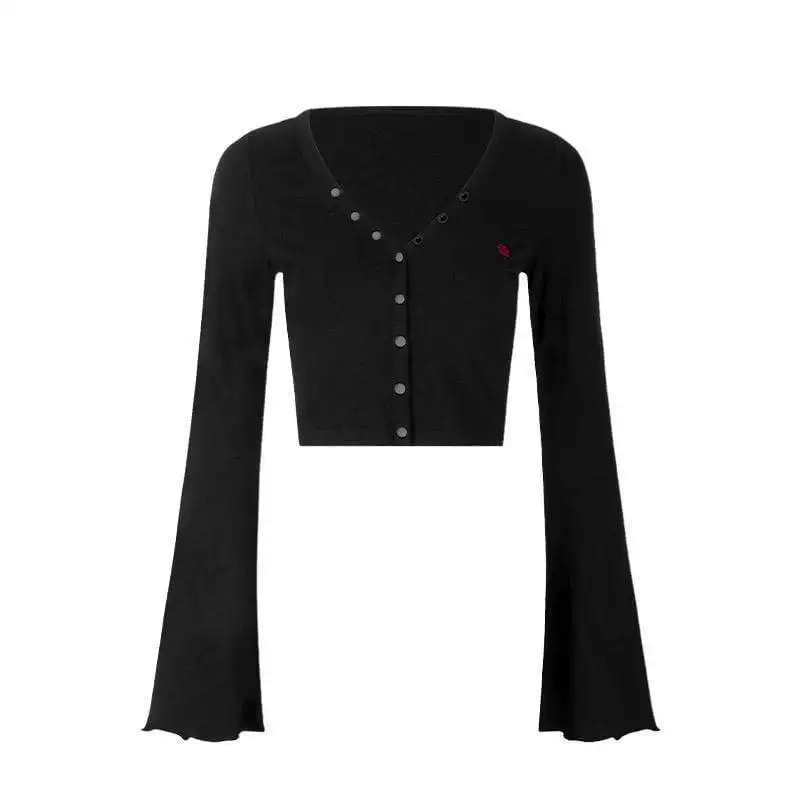 Женский кардиган на пуговицах в стиле панк с вышитыми розами и расклешенными