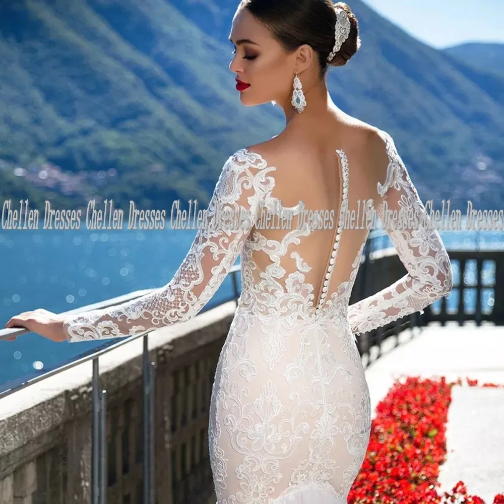 

2021 New Elegant Luxury Scoop Long Sleeve Custom Made Lace Applique Sexy See Through Back Tulle Mermaid Wedding Dress Vestido De