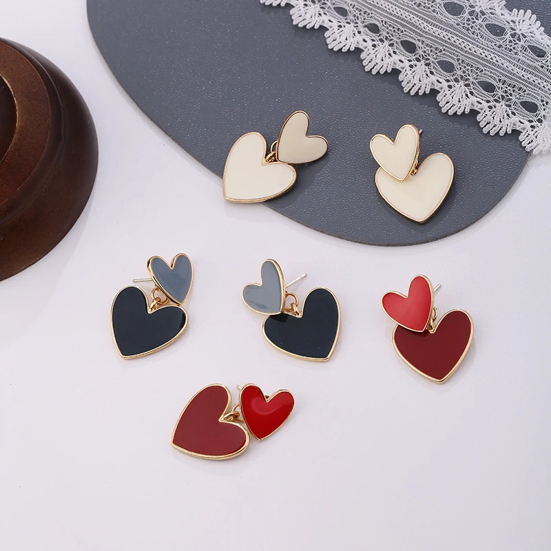 

Shamir 2020 New Fashion Korean Drop Earrings For Women White Enamel Double Heart Korean Jewelry Female Earring Girls Gift
