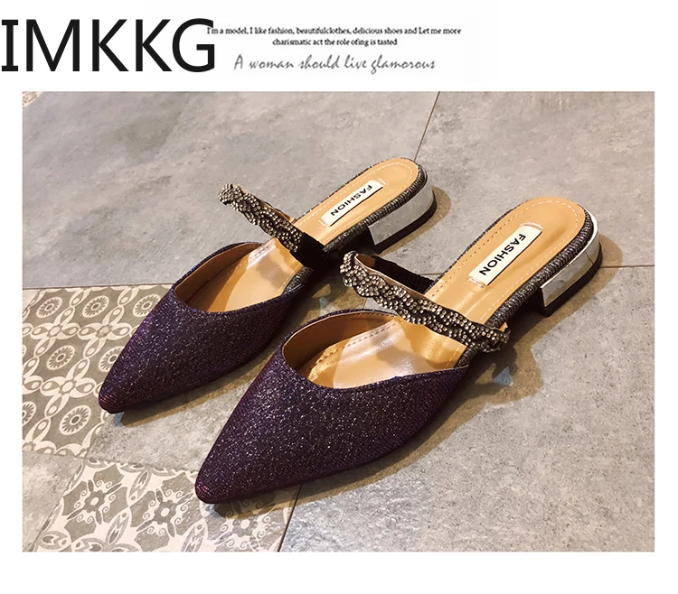 Мюли женские с заостренным носком ПУ кожа шлепанцы низкий каблук хрустальные