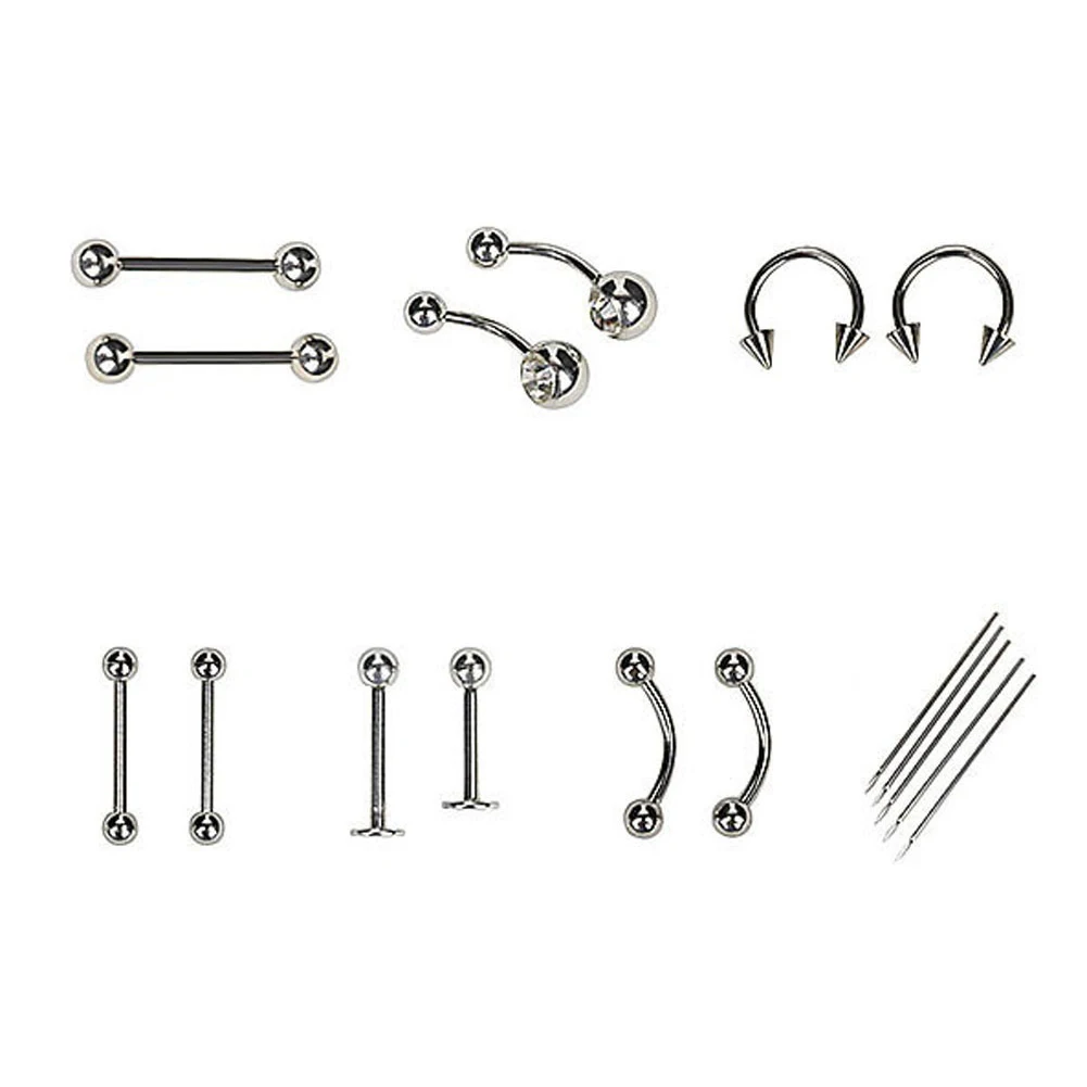 

20Pcs Body Piercing Jewelry Needles Tool Kit Set Belly Tongue Eyebrow Nipple Lip Mixed Body Jewelry Fashion Piercing Set