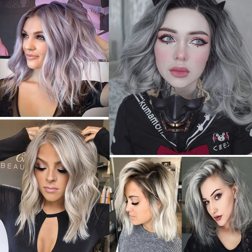 

Lace Front Wig Short Bob Wig Synthetic Cosplay Ombre Silver Length To Shoulder Wigs For Women Heat Resistant Annivia