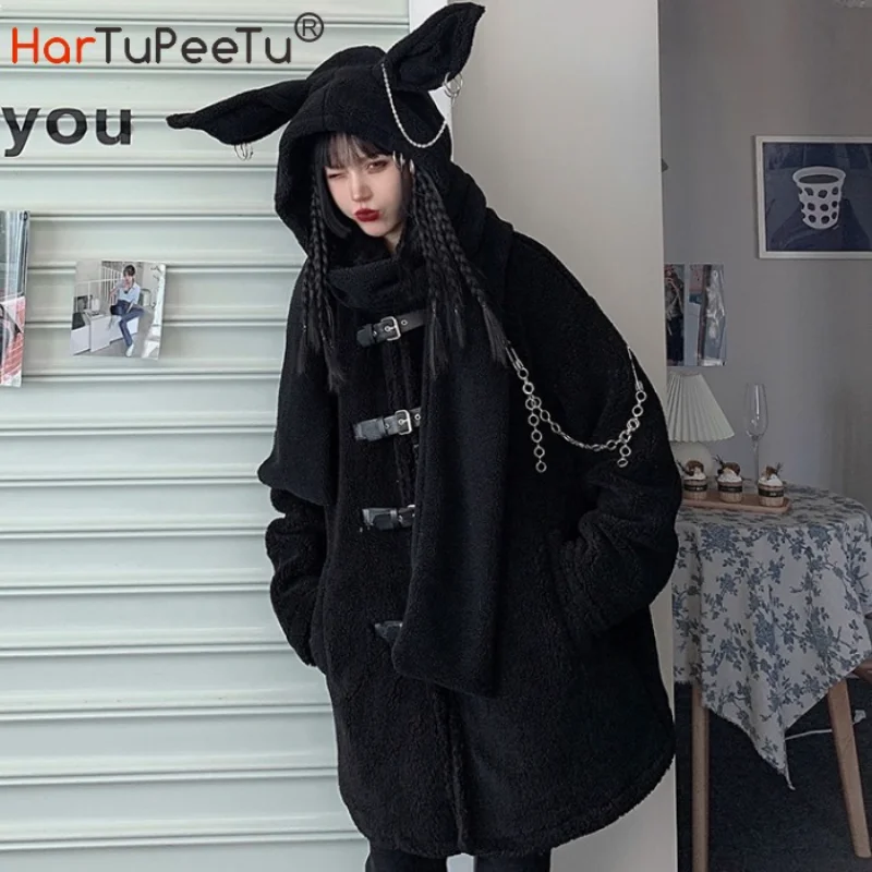 

2022 Autumn Winter Women Retro Thickened Warm Bigh Rabbit Ear Cotton Padded Clothes Harajuku Dark Girls Loose Long Bigh Coat