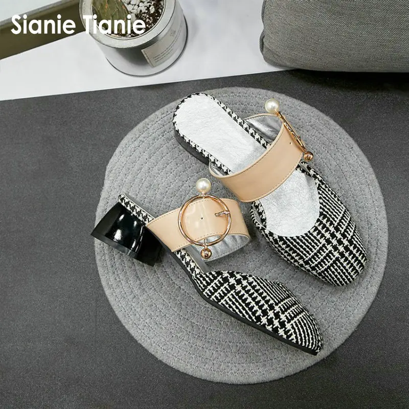 Sianie Tianie/модные летние женские шлепанцы с жемчужинами и металлической пряжкой