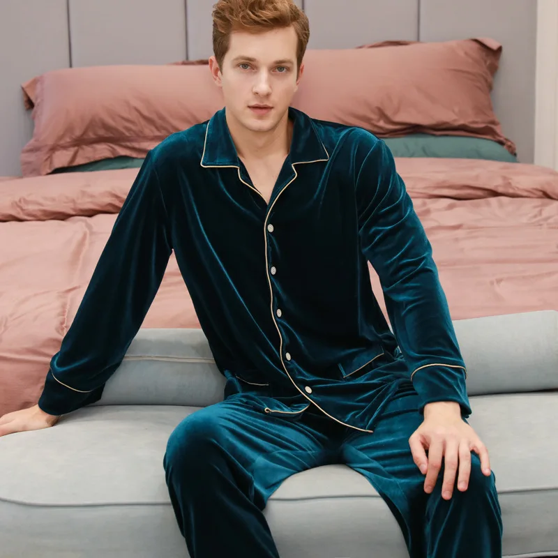 Mens Pajamas Set Winter Flannel  Thick Warm Sleepwear Turn-down Collar Button Elastic Waist Men Nightwear Home Clothes Pijamas