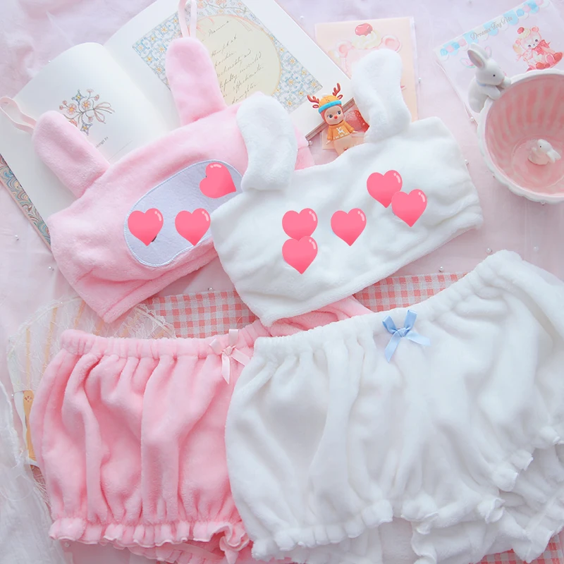 

Cute Girls Pajamas Set Kawaii Anime Cute Velvet Fluffy Tube Top Shorts Cartoon Cinnamoll Bunny Ear Underwear Sleepwear Suits