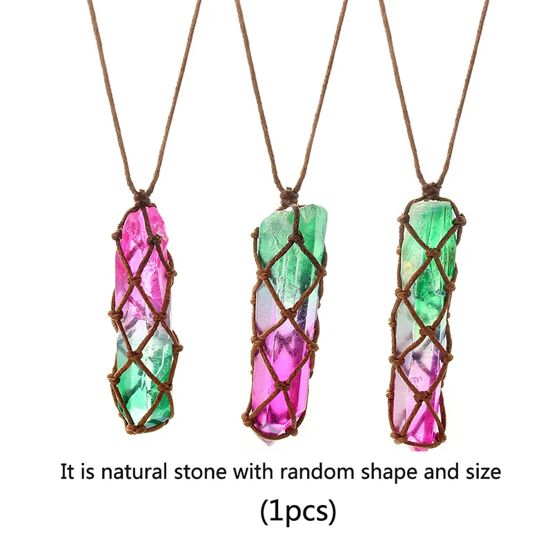 

Natural Stone Color Crystal Column Pendant Necklace White Crystal Power Stone Pendant Hand-woven DIY Jewelry Accessories