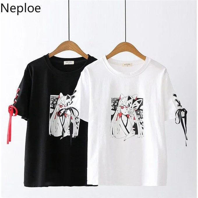 Neploe, летние топы, корейский стиль, Harajuku, футболка, короткий рукав, Женские повседневные футболки, японский принт, уличная одежда, готический, белый, черный, футболки