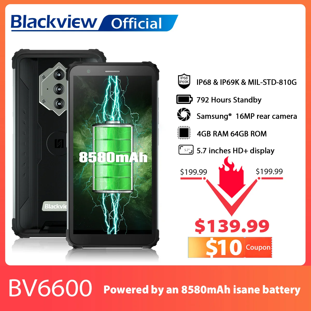 Blackview BV6600 IP68 Водонепроницаемый 8580 мА/ч прочный смартфон четыре ядра 4 Гб + 64 5 7