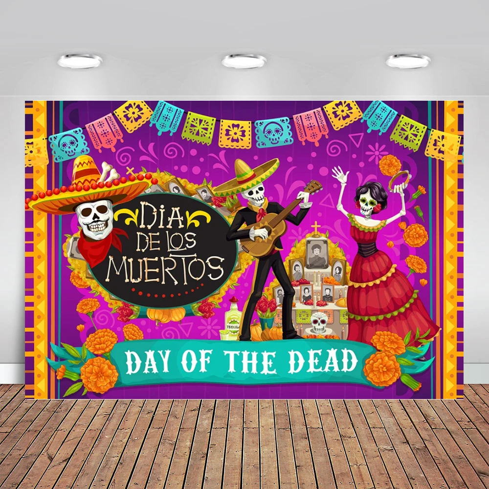 

Day of The Dead Backdrop Mexican Fiesta Sugar Skull Flowers Photography Background Dia DE Los Muertos Birthday Party Background