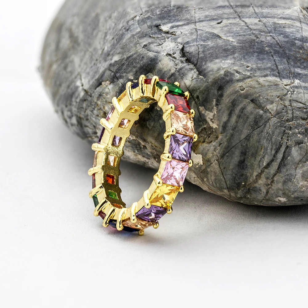 Золото Цвет уникальный дизайн Радуга Багет CZ кольцо с твердым покрытием