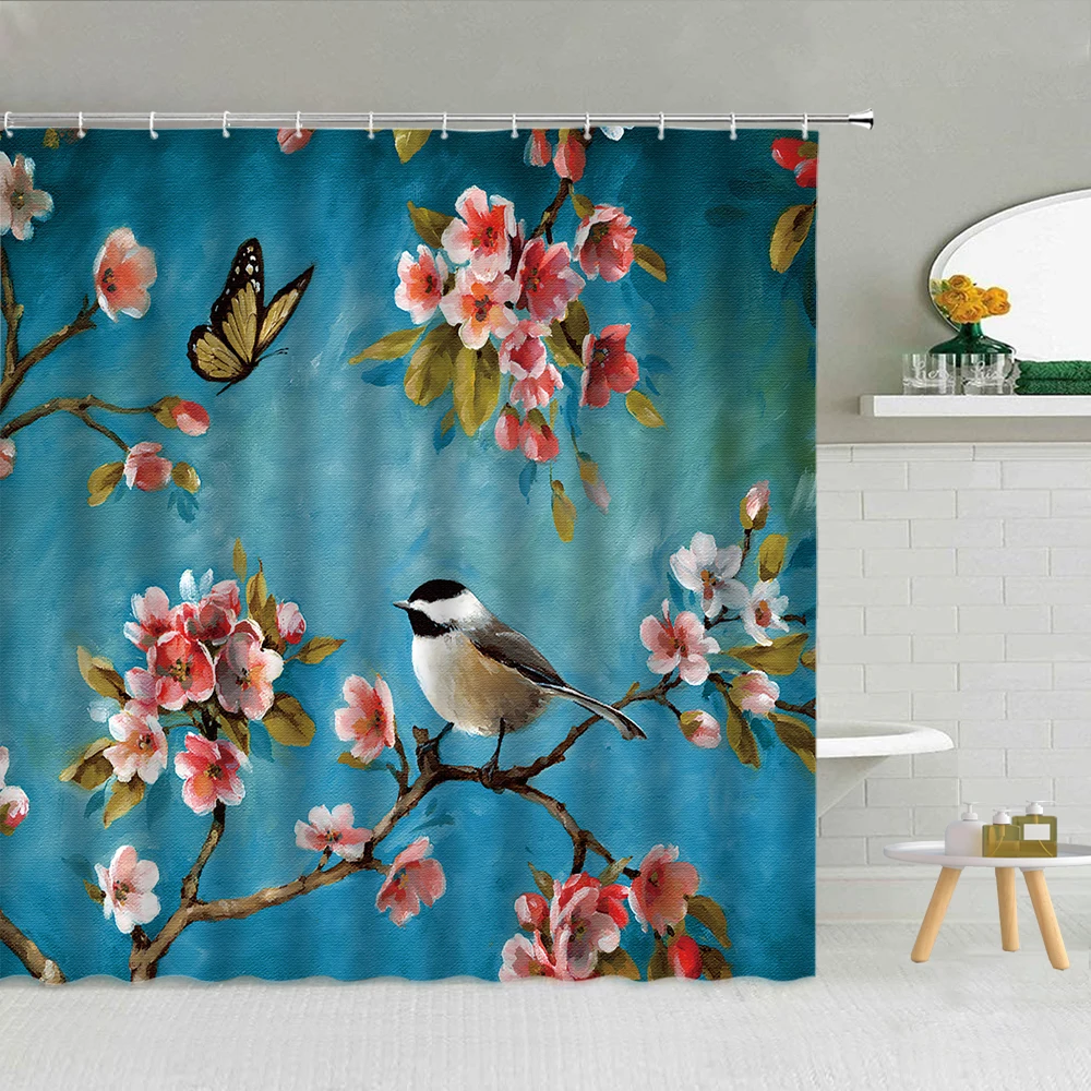 

Chinese Classical Flower And Bird Shower Curtains Oil Painting Landscape Ink Pattern Polyester Bathtub Screen Bathroom Partition