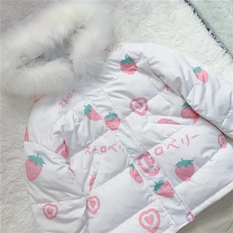 

Winter Japanese Women Sweet Lolita Parkas Cartoon Strawberry Print Warm Jackets Girly Kawaii Hooded Coat Fashion Female Outwear