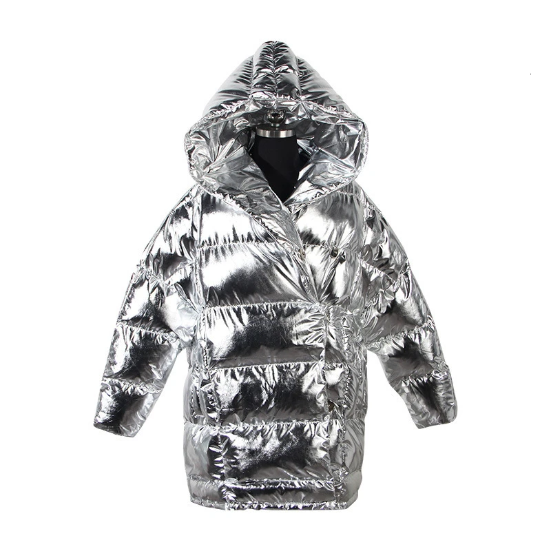 Зимняя женская куртка с капюшоном хлопковые парки цвет серебристый черный яркий