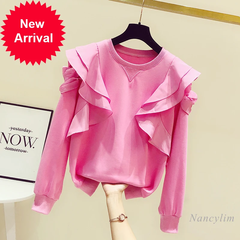 

Ruffled Stitching Loose Round Neck Pullover Sweatshirt for Women Spring Autumn New Pink Hoodie Students Fashion Top Outwears