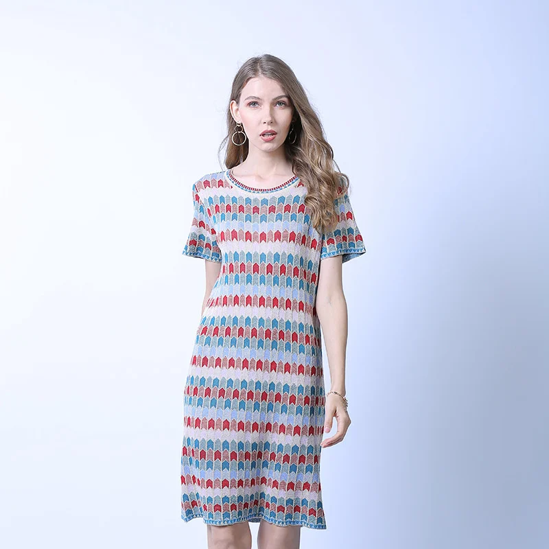 

Fashion Stripe Straight Tube Slim Short Sleeve Casual Medium Length Pullover Knitted Dress Summer Girls Dresses Female Vintage